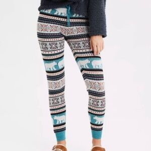 American Eagle Super High Rise Sweater Leggings Knit Pants Polar Bear Blue Large